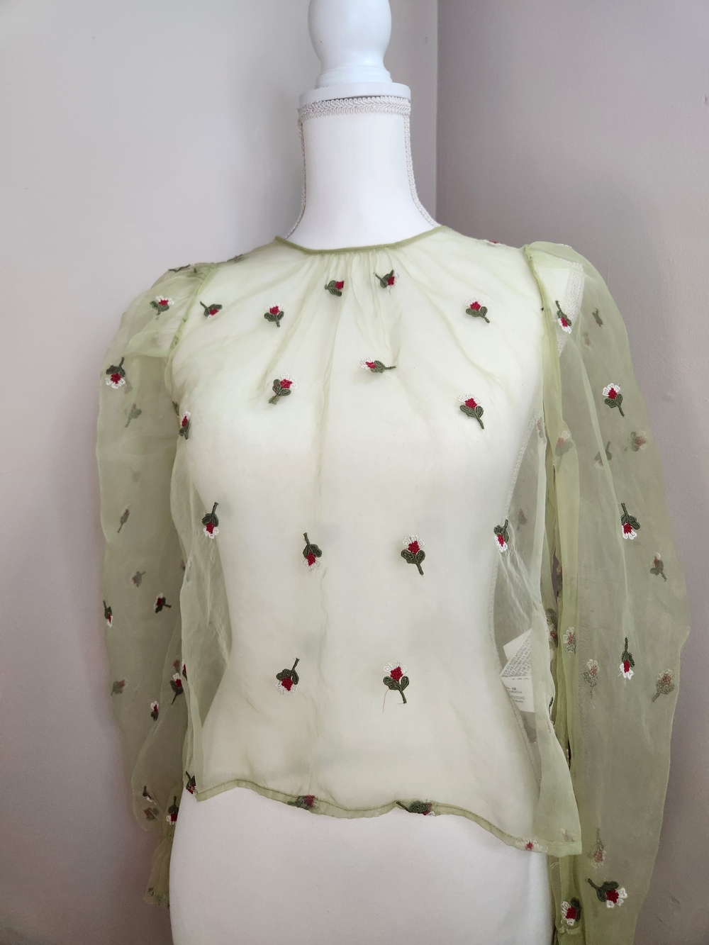 Zara Pale Green Sheer Rose Embroidered Blouse